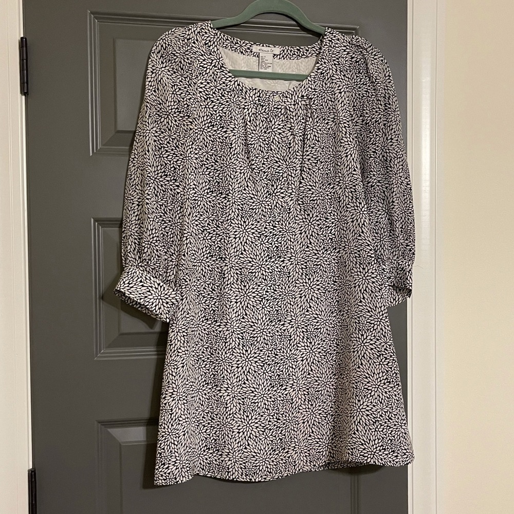 Black and white floral long sleeve silk dress